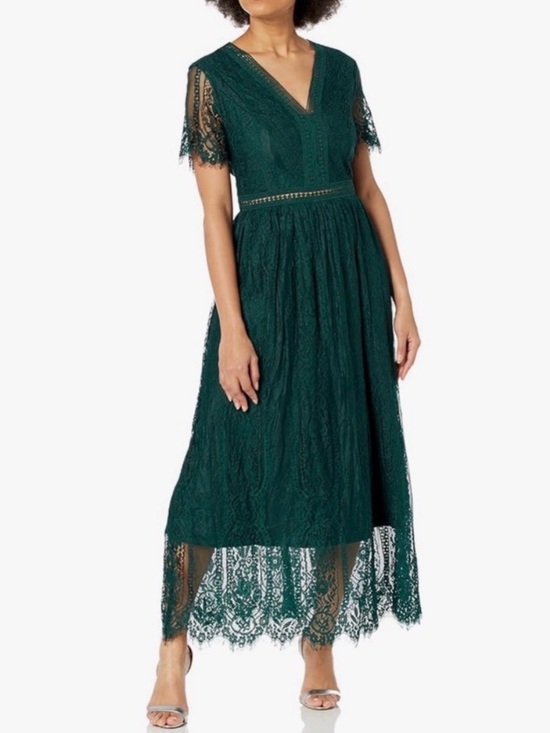 PrettyGarden Dresses & Skirts - Elegant Deep Green Lace Midi Dress with V-Neck